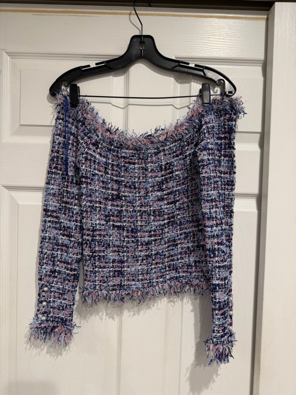 Zara Tweed Off-Shoulder Fringe Top - Blue & Pink